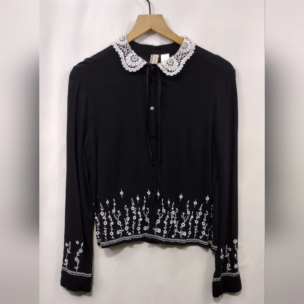 H&M Babydoll Blouse Women's 12 Black White Preppy Academia Boho Retro 90s Y2K - Picture 1 of 8